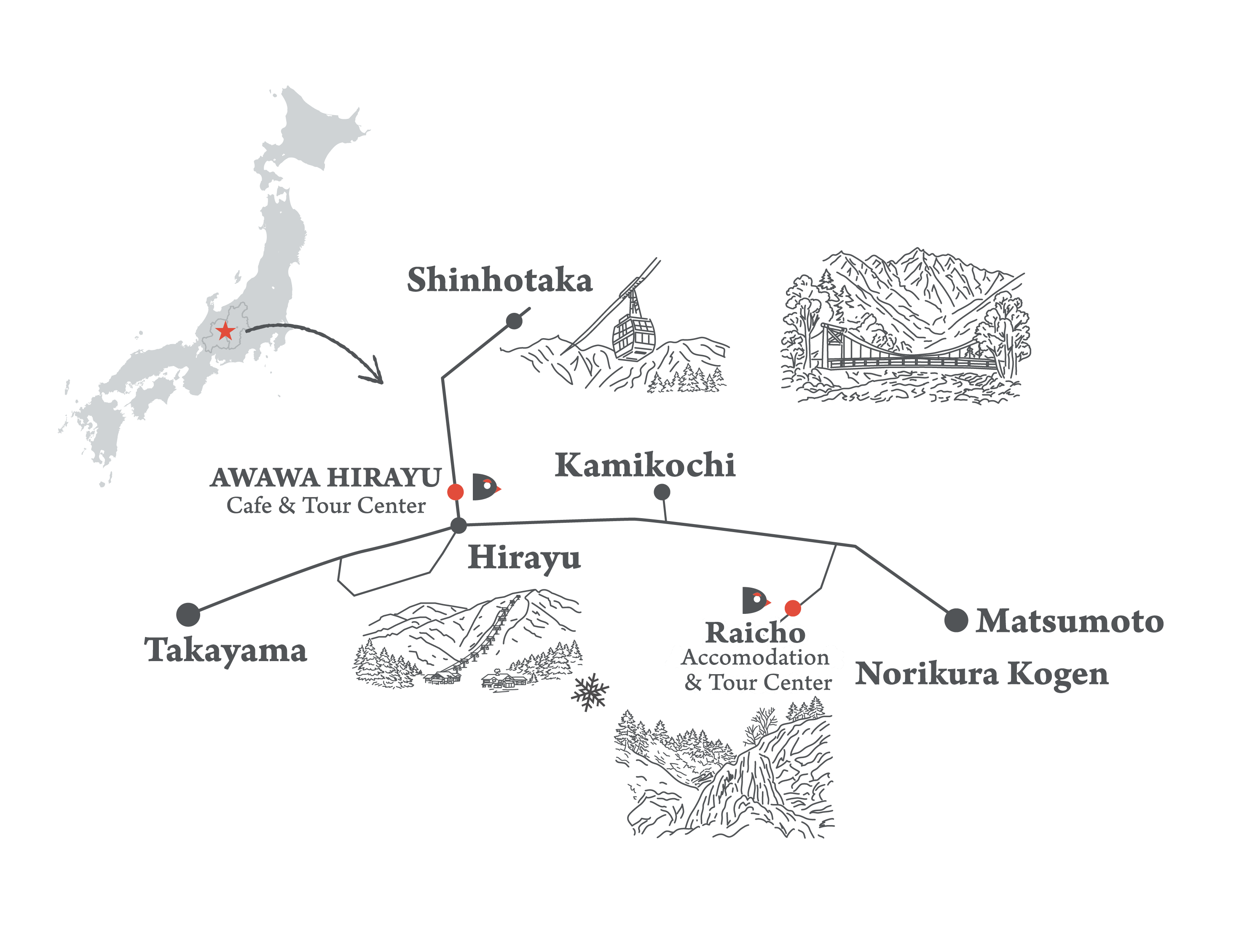 乗鞍高原・上高地・平湯・新穂高エリアのツアーマップ